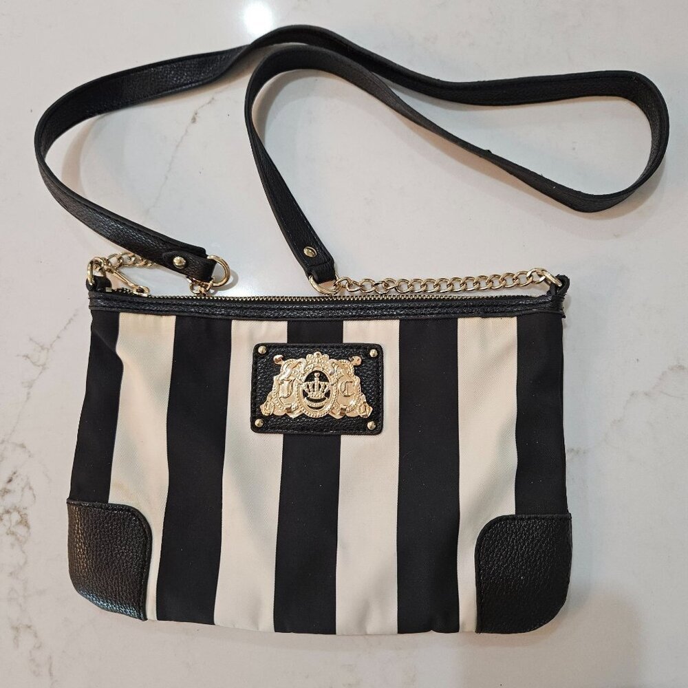 Juicy Couture Black White Striped‎ Malibu Crossbody Bag Gold Chain & Logo Plate